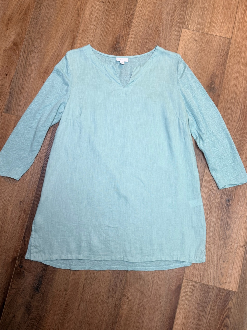 J Jill Love Linen Tunic M Seaglass Blue Mixed Media 100% Linen Split Neck A-Line